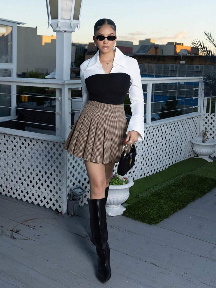 Melissa Matos Falda A-line elegante y de moda de lana a cuadros con pliegues - Marrón - Ver 1