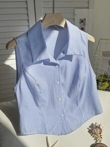 SHEIN EZwear 大码女式条纹单排扣休闲百搭日常衬衫 - 藍色 - 查看 5
