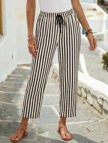 EMERY ROSE Women's Contrast Striped Drawstring Waist Loose Casual Pants Summer Pants For Women,Fall Women Clothes - Black and White - View 3