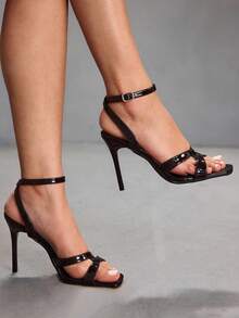 CUCCOO SZL Giày sandal cao gót nữ màu đỏ tía bóng, quai chéo, mũi vuông, kiểu dáng tối giản, thích hợp cho đi làm, hẹn hò, tụ họp, tiệc tùng và các dịp khác. - Gương màu nâu đậm - Xem 5