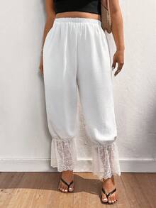 Lounesse Plus Size Women Lantern Pants With Lace Patchwork,Casual White Summer Basic Smart Casual Holiday Trousers,7/8 Length Beach Pants For Daily Wear - White - View 5