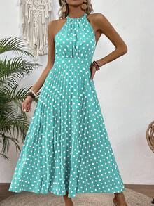 EMERY ROSE Women's Polka Dot Halter Sleeveless Dress Maxi Vacation Beach Outfit - Blue - View 3