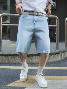 Manfinity EMRG Quần short denim nam màu xanh nhạt thêu họa tiết, kiểu dáng rộng rãi, phong cách đường phố, thích hợp cho mùa hè. - Rửa nhẹ - Xem 4