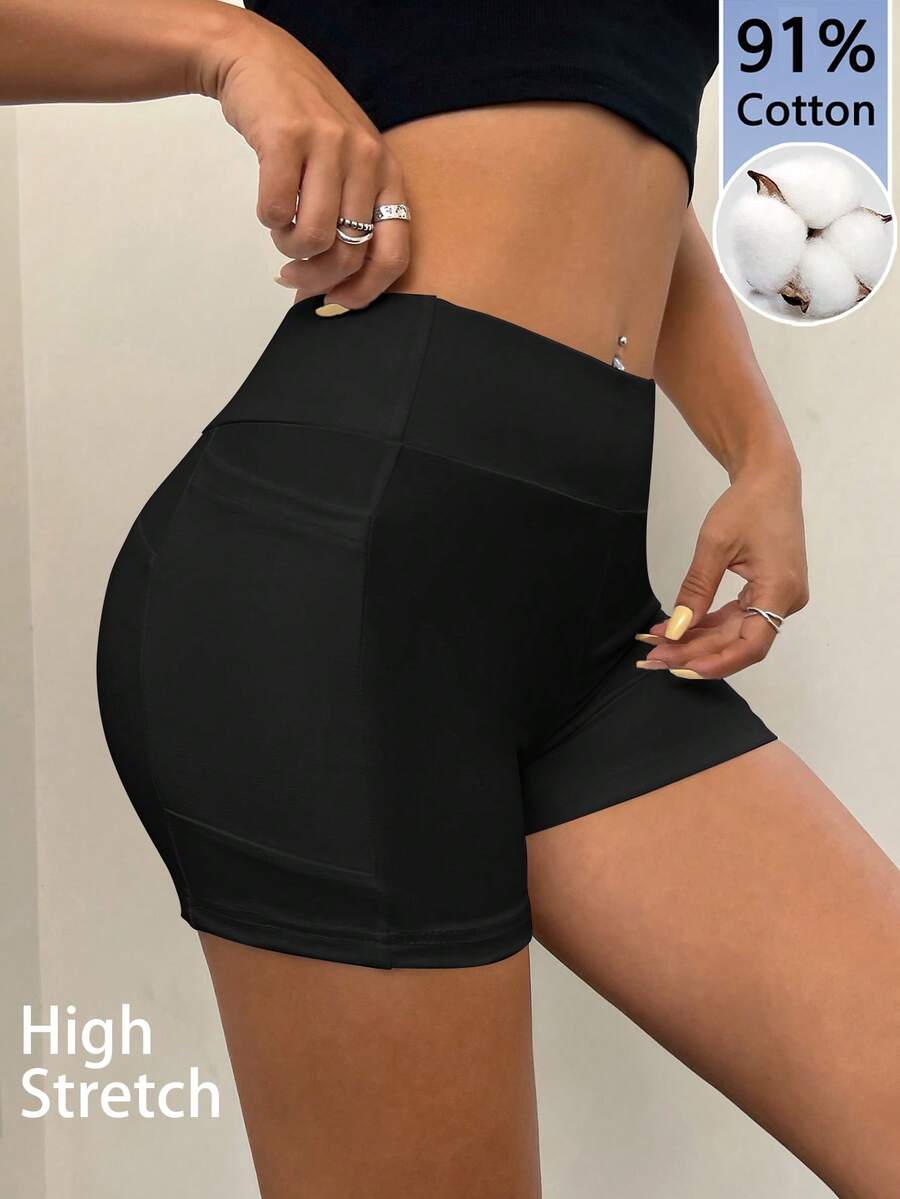 SHEIN EZwear 女士91%纯棉纯色防透视短款打底裤,带侧袋 - 高弹舒适面料,居家、返校、复古Y2K柔美风、运动、Z世代、夏季骑行及瑜伽的理想之选 - 彩色 - 查看 1