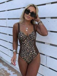 Brillora 女士时尚休闲优雅浪漫豹纹泳衣，适合春夏穿着，柔软舒适弹力面料，肩带长度可调节 - 棕色 - 查看 8