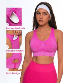 Eassivo Women's Seamless High Elasticity Aerobic Yoga Fitness Racerback Sports Bra With Adjustable Criss-Cross Cutout Back - Pink - View 3