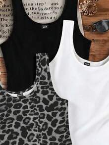 SHEIN EZwear 3pcs Pack Casual Solid Color & Leopard Print Camisole Tops, Suitable For Summer,Summer Top - Multicolor - View 3
