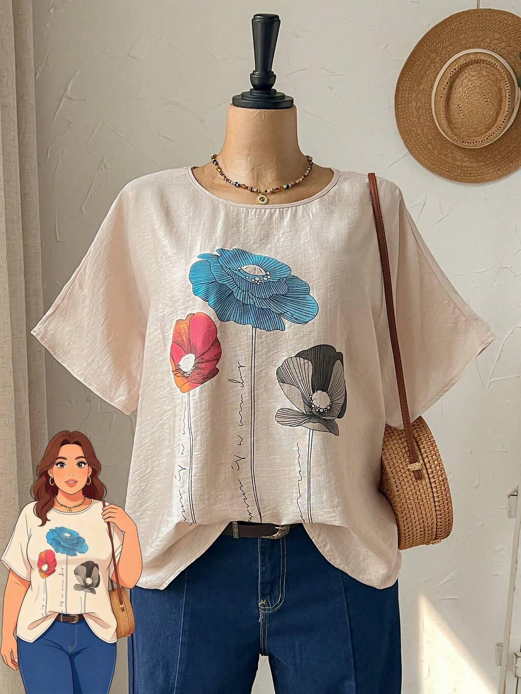 Plus Size Women's Summer Casual Vacation Country Round Neck Loose Fit Basic Short Sleeve Floral Print Blouse,Spring Break,Vacation,Holiday,Going Out,2026 New,Simple And Fashionable For Everyday Wear,Casual Vacation Boho Top,Suitable For Summer, Vacation, Commute, Daily Wear, Going Out Tops