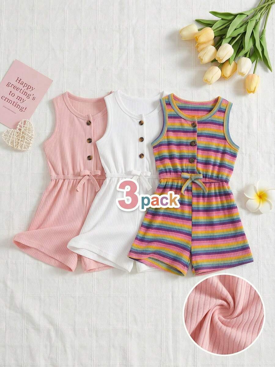 SHEIN Playful Pals 3件組女嬰幼兒可愛休閒Y2K粉色條紋彩色彩虹素色羅紋針織無袖鈕扣連身褲夏季度假套裝 - 彩色 - 查看 1