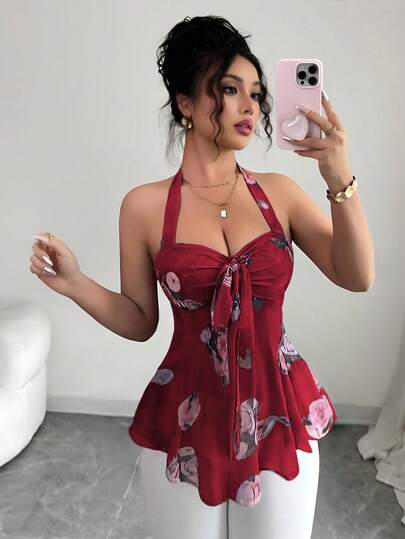 Elenzga Women's Summer Spaghetti Strap Drawstring Waist Casual Vacation Floral Print Elastic Mesh Sheer Sexy Open Shoulder Tank Top