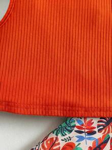 SHEIN 2pcs Baby Girl Knitted Solid Color Casual Top And Ditsy Floral Pants Set Baby Girl Two Pieces Set Girl Tropical Outfit Baby Girl Tropical Vacation Clothes Orange Two Pieces Outfit Hawaiian Outfits, Kids - Multicolor - View 4