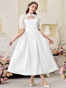 SHEIN Teen Girls' White Contrast Mesh Waist Ruched Elegant Short Sleeve Dress,Kids - White - View 5