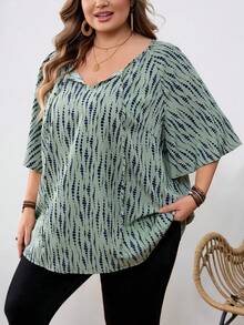 SHEIN CURVE+ Curve 尺码 US22 音乐节、海滨度假、波西米亚风女式印花系带领插肩袖衬衫，春/冬款 - 綠色 - 查看 3