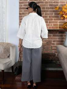 Melissa Matos 3/4 Sleeve Olive Green Shirt, Simple Cut, Loose Fit, Classic Collar, Comfortable To Wear - White - View 2