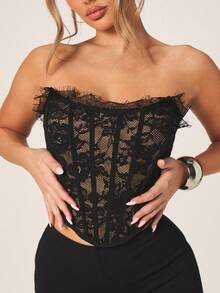 MISSGUIDED Áo corset không dây màu đen ren dành cho nữ, có viền tua rua và chi tiết dây buộc phía sau. - màu đen - Xem 1