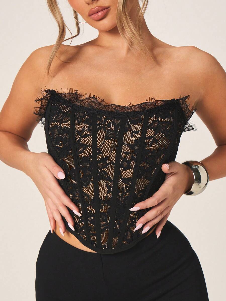 MISSGUIDED Áo corset không dây màu đen ren dành cho nữ, có viền tua rua và chi tiết dây buộc phía sau. - màu đen - Xem 1