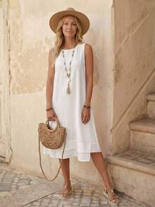 EMERY ROSE 夏季休闲纯棉无袖圆领A字连衣裙白色连衣裙 - 白色 - 查看 3