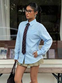 Muchica Women's Blue Belted Long Sleeve Shirt, With Tie, Suitable For Outings, Back To School, Street Style - Blue - View 6
