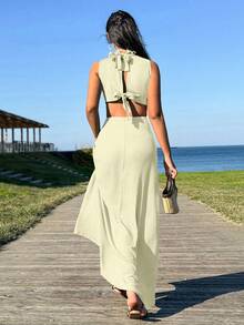 RueChic Green Back Detail Summer Long Dress - Apricot - View 4