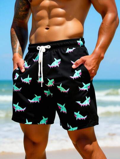 Manfinity Swimmode Men's Shark Print Pocket Drawstring Waist Beach Shorts Black Hawaiian Swim Shorts Shark Swim Trunks