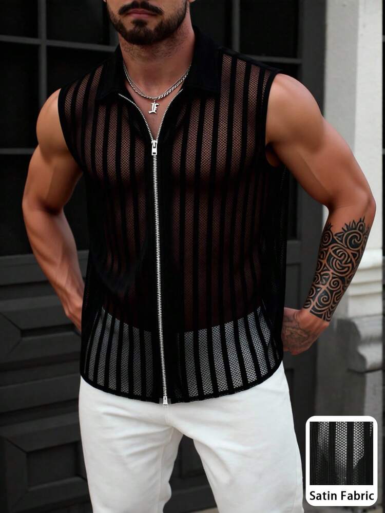 Manfinity AFTRDRK 男士性感透视网纱条纹无袖衬衫，夏季 - 黑色 - 查看 3