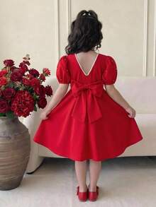 SHEIN Tween女孩春/夏休閒優雅串珠泡泡短袖拼接喇叭洋裝 紅色 - 酒紅色 - 查看 7