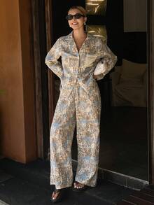 DAZY 2pcs/Set Women Pattern Allover Print Long Sleeve Pajama Set, Spring - Blue - View 7