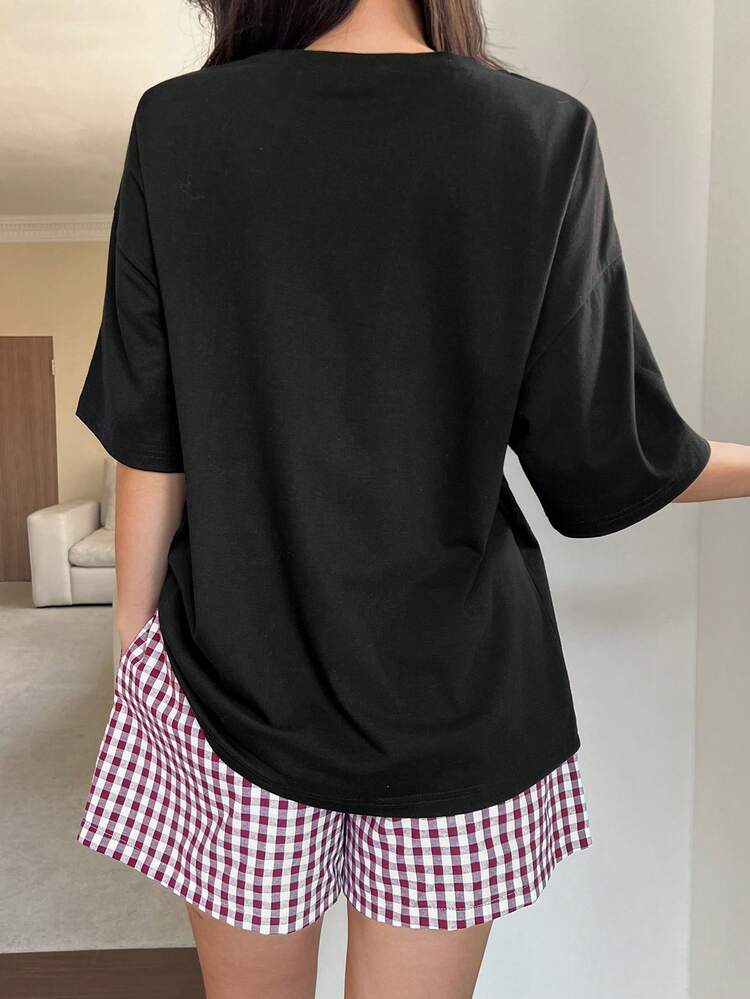 2pcs Apple Graphic Loose Short Sleeve T-Shirt And Plaid Shorts Pajama Set For Women, Summer
