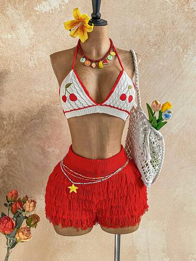 Soleia Women's Holiday Cherry Embroidery Cropped Halter Knit Top And Fringe Knit Shorts 2 Pieces Set