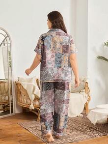 Serenescape Plus Size Patchwork Print Women Short Sleeve Button-Up Top And Pants Pajama Set - Multicolor - View 3