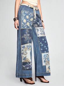ROMWE Hippie Hàng mới về mùa Xuân & Thu, màu xanh denim trung bình, họa tiết chắp vá, quần jeans nữ thời trang và thoải mái. - Rửa trung bình - Xem 5