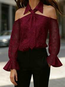 EMERY ROSE Blusa elegante da donna con spalle scoperte, collo con laccio e colore unito, adatta per l'ufficio - Bordò - Visualizzare 3
