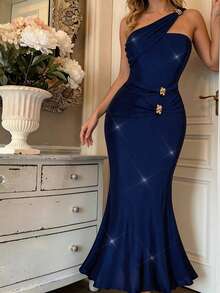 SHEIN MOD Große Größen Elegantes marineblaues Kleid mit einem Schulterausschnitt für Damen, Partykleid, elegantes Kleid mit einem Schulterausschnitt, königsblauer Abendkleid, elegante und klassische blaue Kleider, Weihnachtskostüm, Sommerkleid, Winterkleidung für Damen, Silvesterkleid, Partykleid, luxuriöse Abendkleider für Damen - marineblau - Übersicht 6