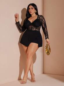 SHEIN BAE 大码女式蕾丝拼接性感百搭约会之夜长袖连体衣 - 黑色 - 查看 1
