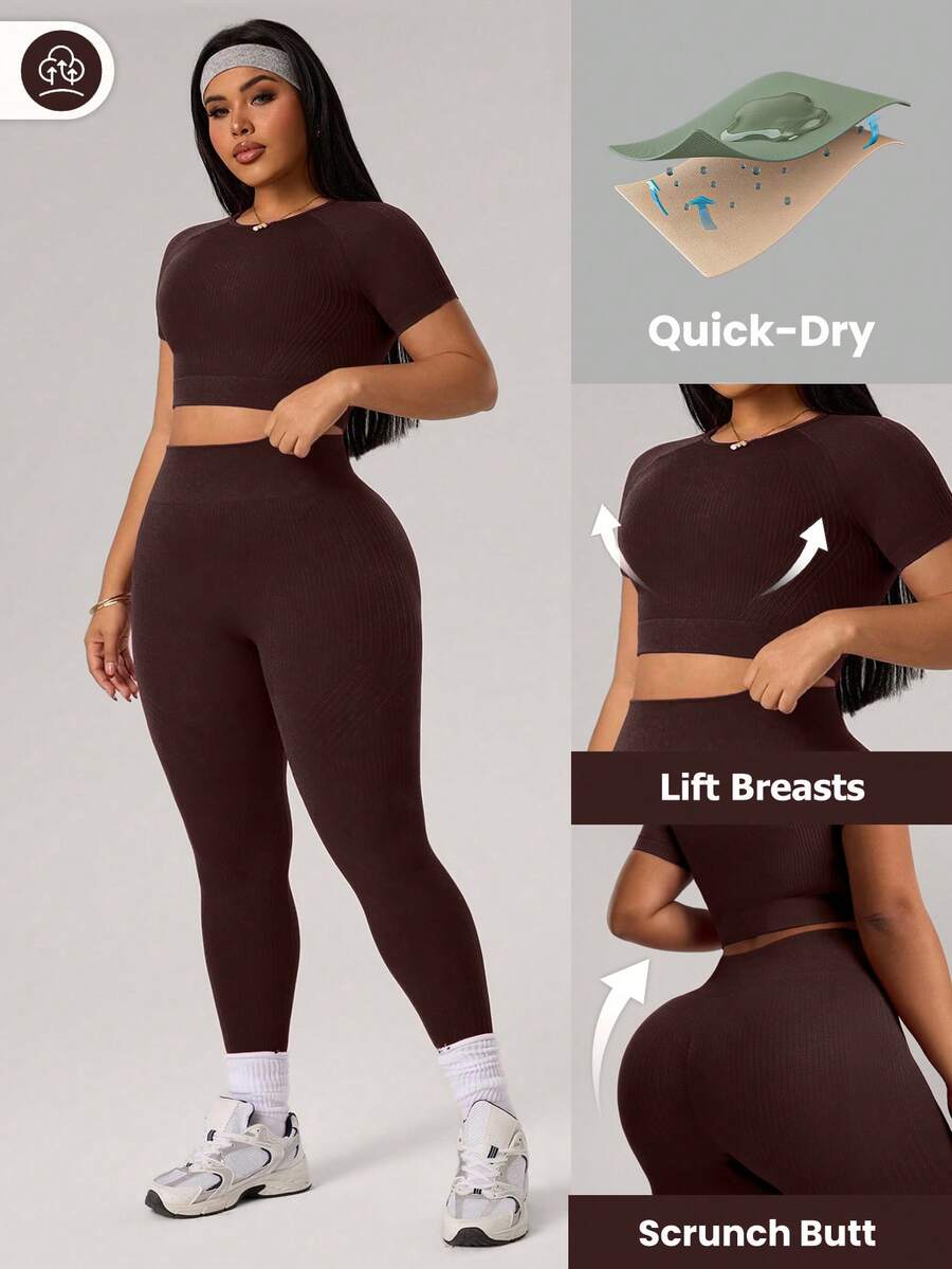 Rhythm Era 1 Set Plus Size Brown Seamless Sports Set, Round Neck, 7/8 Length Sports Leggings, Soft & Comfortable Fit, Suitable For Workout, Running, Casual, Yoga Quick Dry Gym Outfit Active Wear Sets Gym Outfit For Women Curve Plus Size Activewear Sets Quick-Dry Workout Set Workout Sets For Women Curve Workout Set Quick Dry Gym Wear Curve Gym Outfit Women's Workout Set Lift Breasts Gym Outfit - Brown - View 1