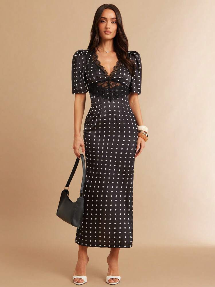 Silquee Vestido ajustado de verano con estampado de lunares elegantes y aplicaciones de encaje - Multicolor - Ver 3