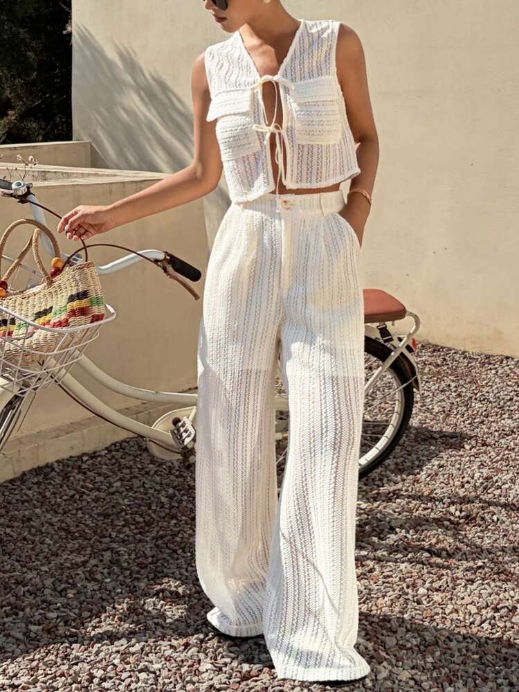 Women's V-Neck Sleeveless Pocket Decorated Textured Fabric Cropped Cardigan And Relaxed Fit Long Pants 2-Piece Casual Vacation Set