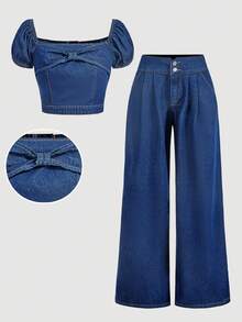 Sweetra Women's Casual Denim Outfit - Blue - View 1