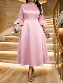 SHEIN Lady Đầm ren phối màu trơn thanh lịch cỡ lớn, thích hợp cho mùa hè. - Hồng - Xem 7
