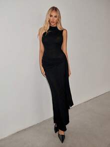 SHEIN ICON Women's Shiny Metallic Solid Color Wrap Tie Maxi Mermaid Dress,Elegant Black Bodycon Long Dress For Summer,Night Out Party,Photoshoot & Formal Event - Black - View 3