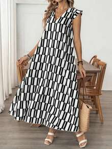 EMERY ROSE Women's Retro Patterned Extra Long Dress,White And Black Summer Casual Vacation Holiday Resort Wear Cruise Outfit Greece Sundress Fall Clothes - Black and White - View 5