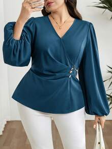 Modelyn Plus Size Women's Solid Color V-Neck Lantern Sleeve Pleated Design Elegant Blouse Gym Brown Autumn - Blue - View 4