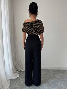 Rafferiza Petite 时尚女士连体裤，优雅露肩设计，搭配闪亮银色网纱拼接，修身剪裁凸显女性曲线。 - 彩色 - 查看 2