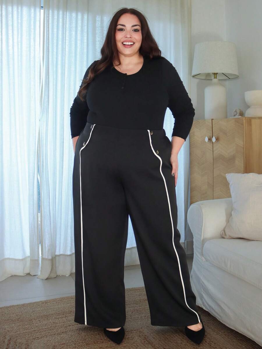 Pretty and Ole Pantalones rectos de talla grande para mujer con ribete de contraste - Negro - Ver 1
