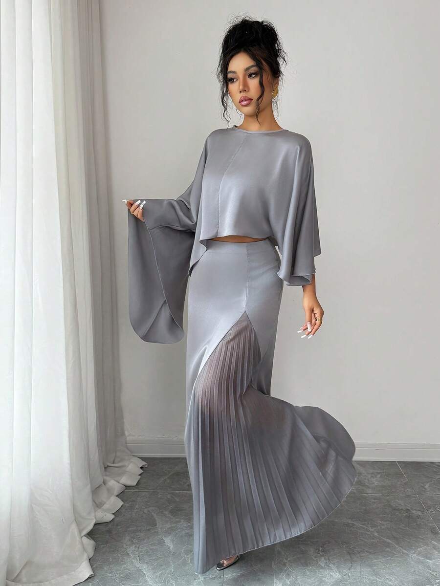 Rafferiza Women's Kurti Set, Women's Gul Pleated Skirt Set, Satin Fabric Mixed With Shiny Satin, Fitted Round Neck Flare Sleeve Asymmetric Ruched Super Flared Hem, Elegant Sexy Luxurious Romantic Casual Spring Summer Women Shirt & Skirt 2-Piece Set - Grey - View 1