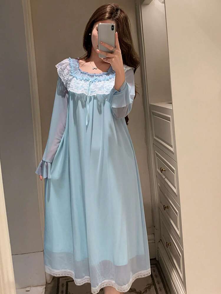 Romantic Lace Patchwork Ruffle Collar Lightweight Mesh Long Nightgown For Women, Spring/Summer