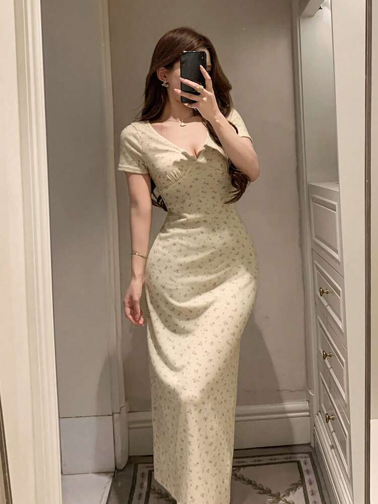 V-Neck Ditsy Floral Fitted Summer Nightgown, Women Sleepwear Dress