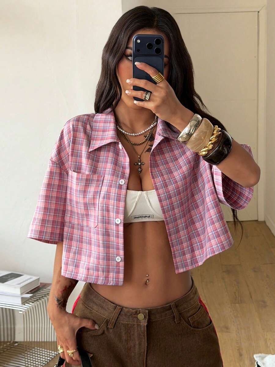 Coolane Áo croptop kẻ caro dáng rộng phong cách vintage mùa xuân/hè cho nữ, màu đỏ, thích hợp cho năm mới. - Hồng - Xem 1
