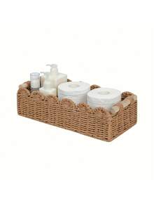 1 pièce Panier de rangement tressé avec poignées, organisateur fait main pour papier toilette, serviettes, cosmétiques, étagère, table, salon, décoration de maison multifonctionnelle - multicolore - Voir 3