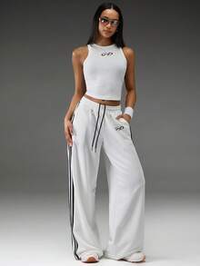 Normani Black And White Summer Streetwear Women's 2 Pieces Outfit,Knitted Vest And Baggy Tracksuit Trousers Set,Casual Y2k 90s Gym Track Suit For Club Rave - White - View 6